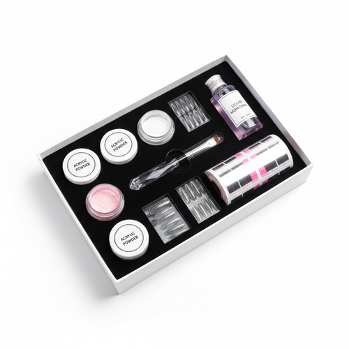 Acrylic nail extension kit with powder, monomer, nail tips and professional brush