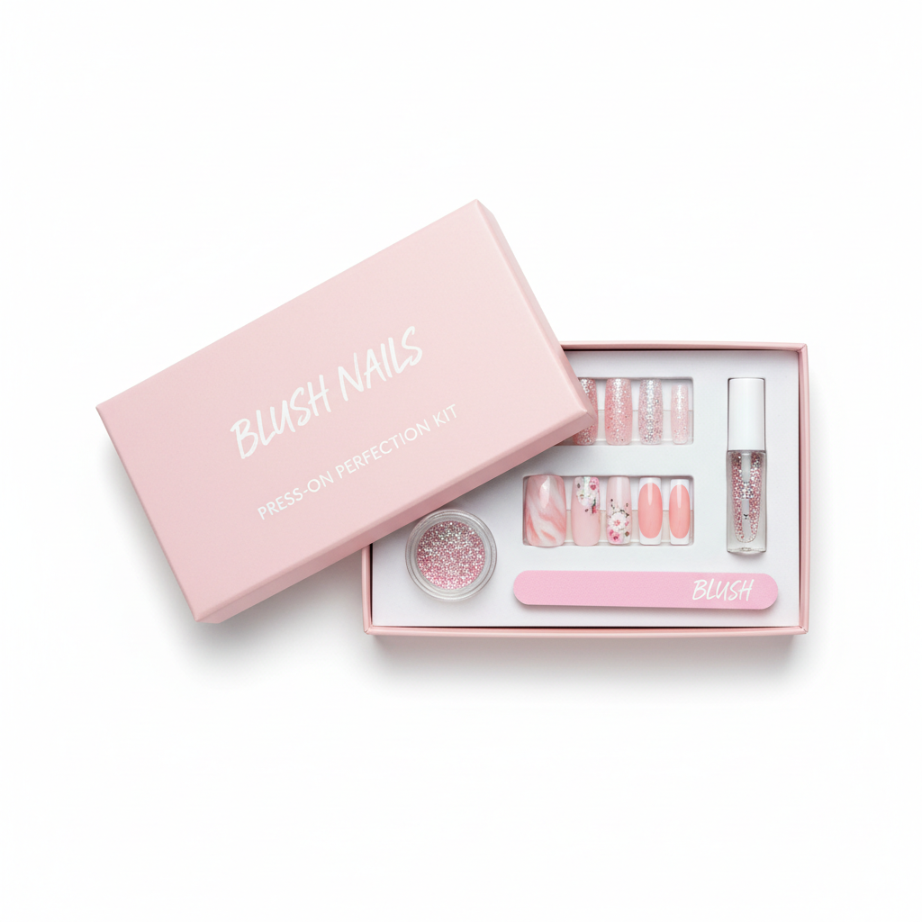 Pastel pink press-on nail art kit with floral designs